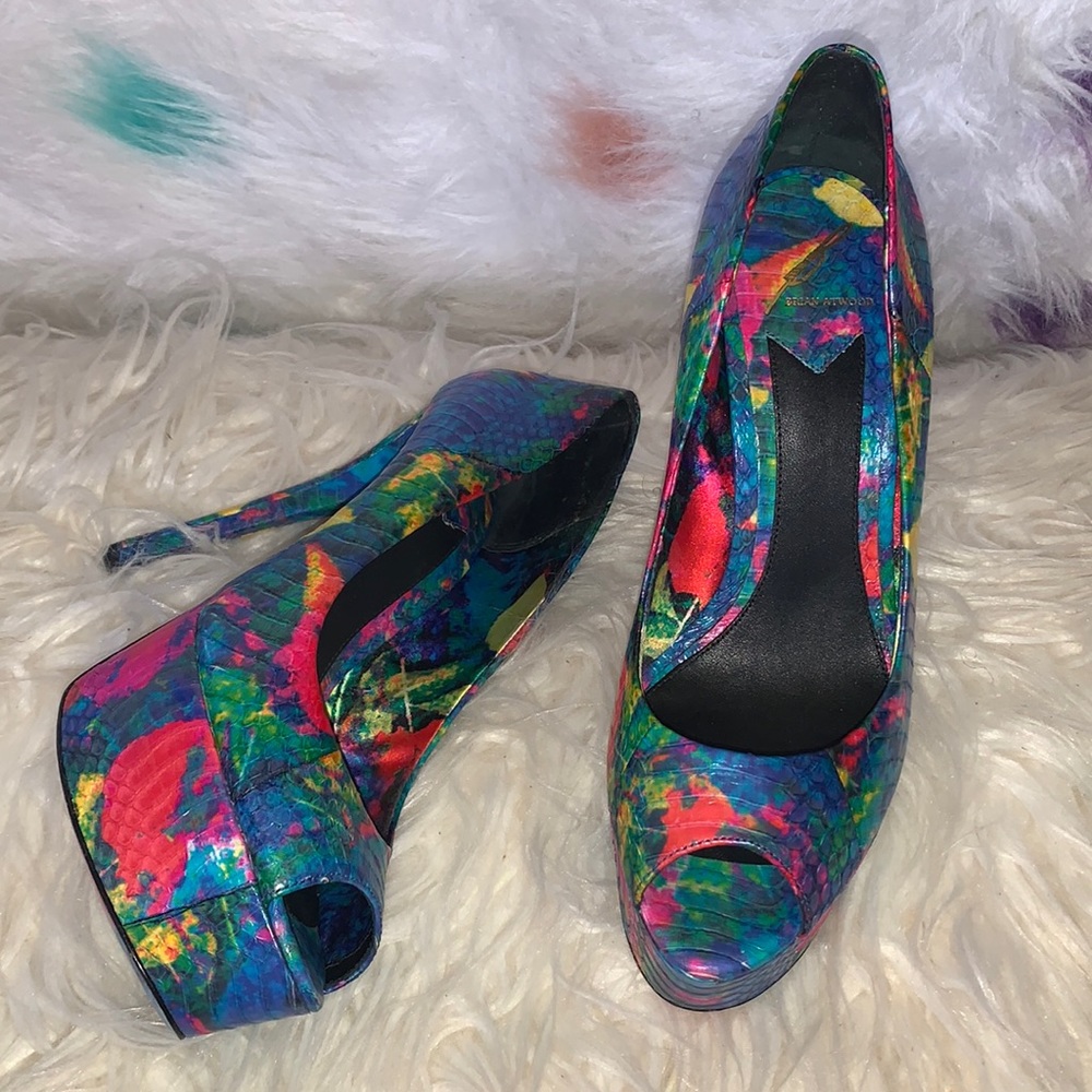 Brian Atwood colorful open-toed splatted paint pumps